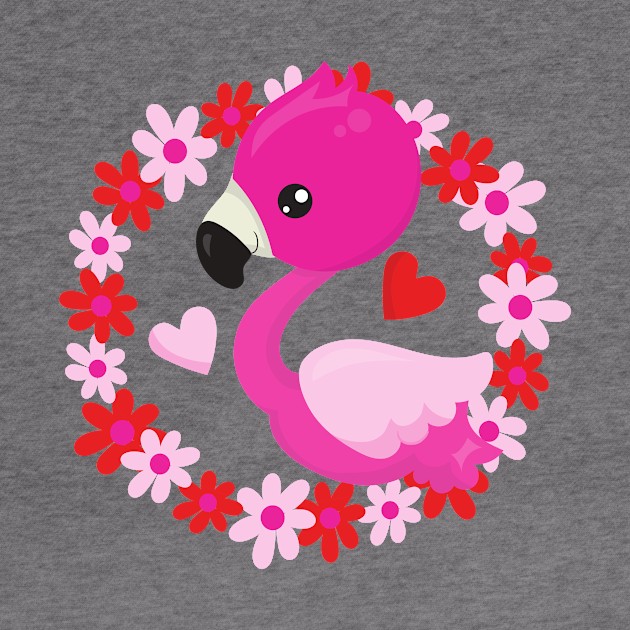 Cute Flamingo, Pink Flamingo, Bird, Flowers, Heart by Jelena Dunčević